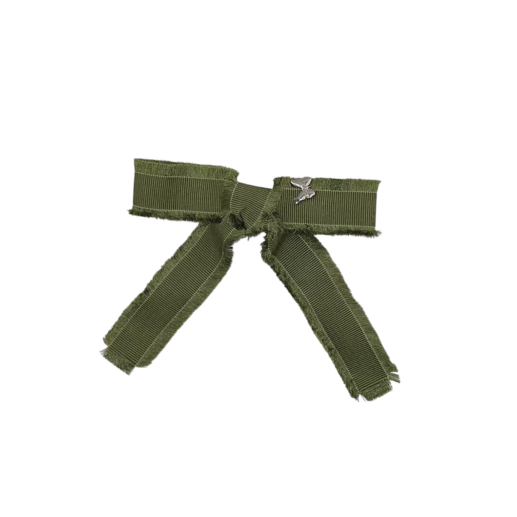 Frayed Grosgrain Medium Clip - Olive