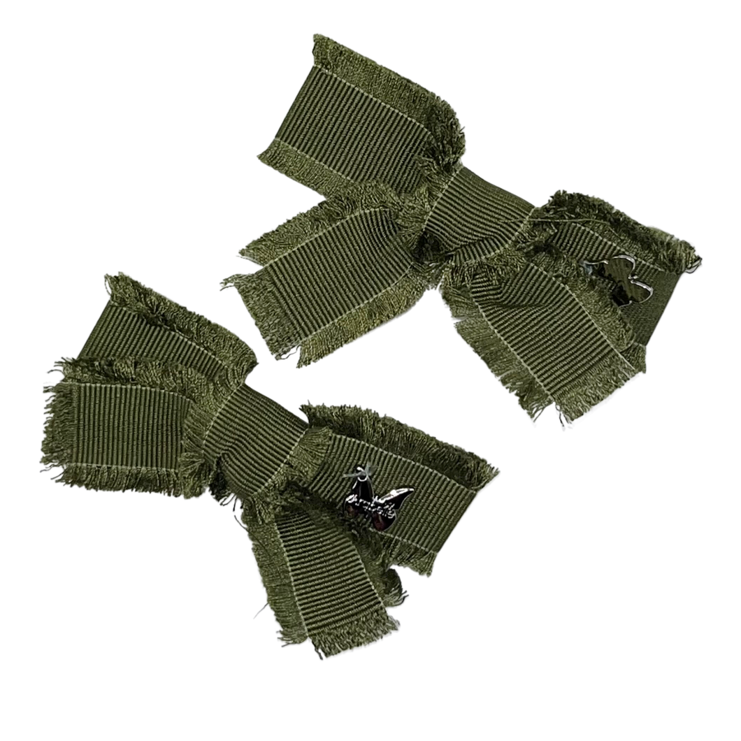 Frayed Grosgrain Mini Clip Set - Olive