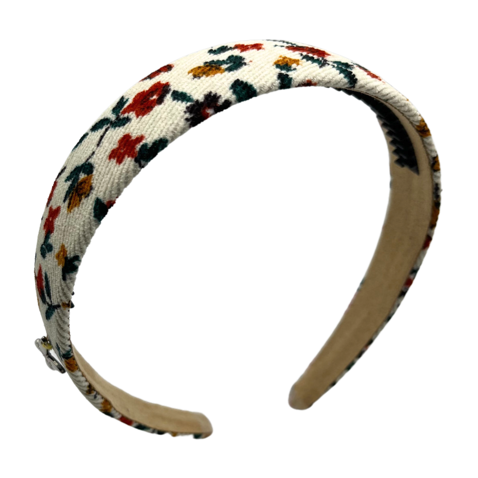 Printed Corduroy Flat Headband - Off White Floral