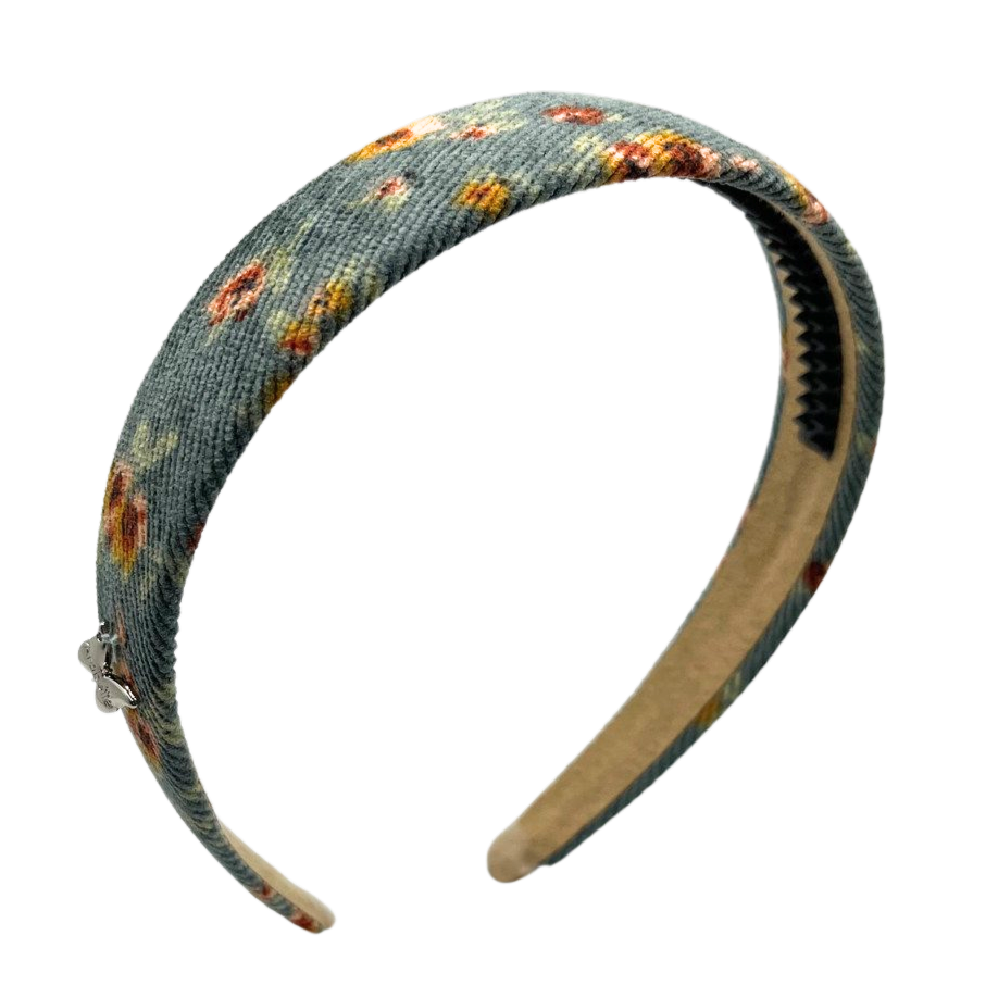 Printed Corduroy Flat Headband - Steel Blue Floral
