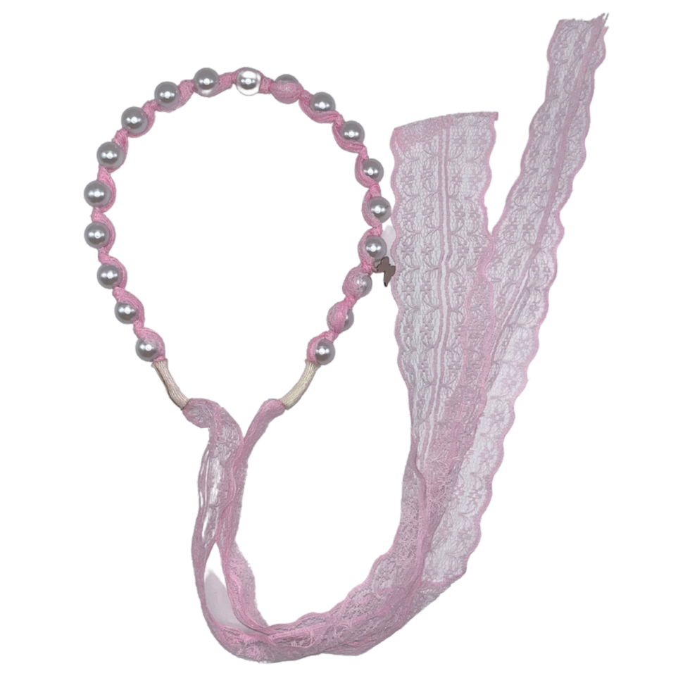 Pearl Headband with Lace Sash - Blush