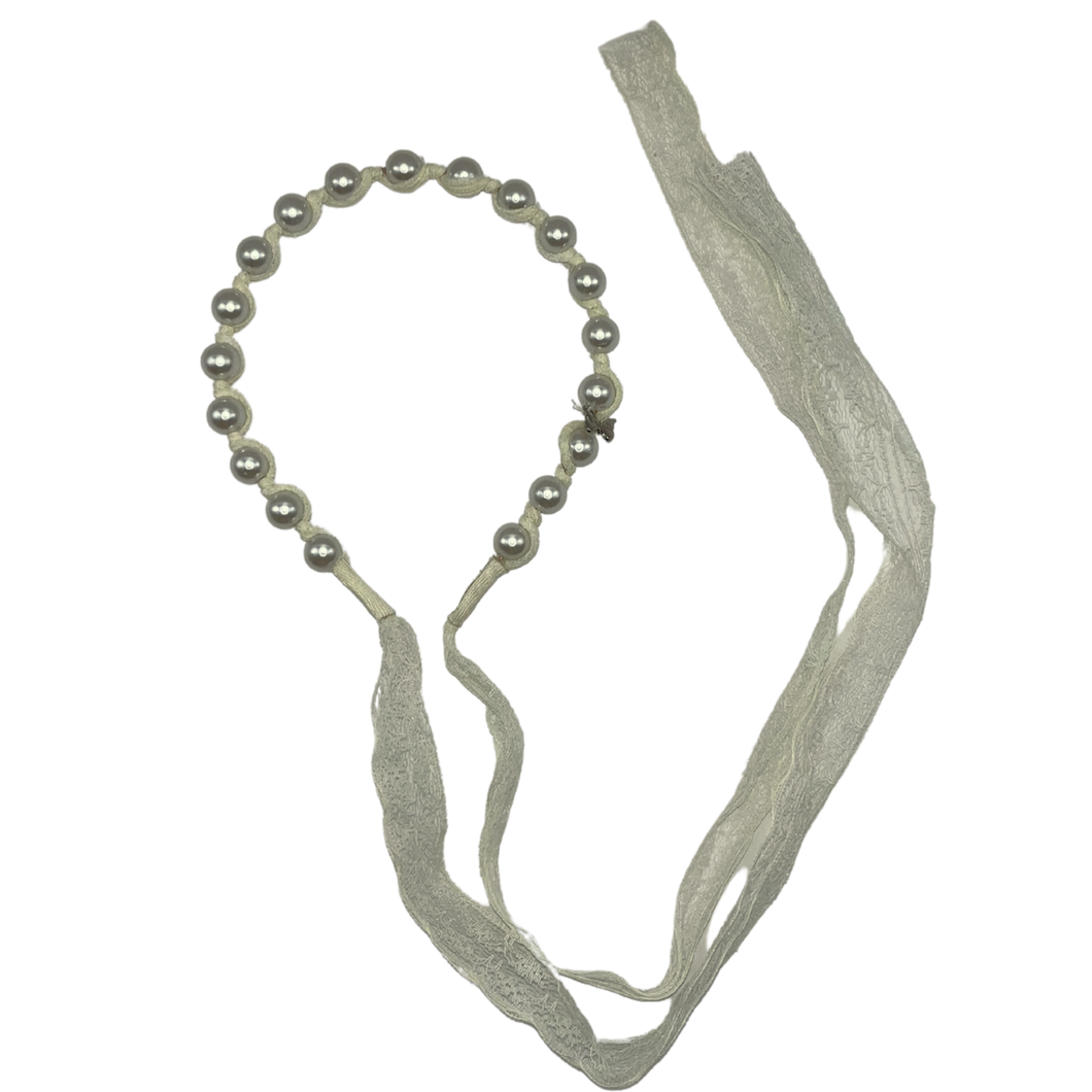 Pearl Headband with Lace Sash - Ivory