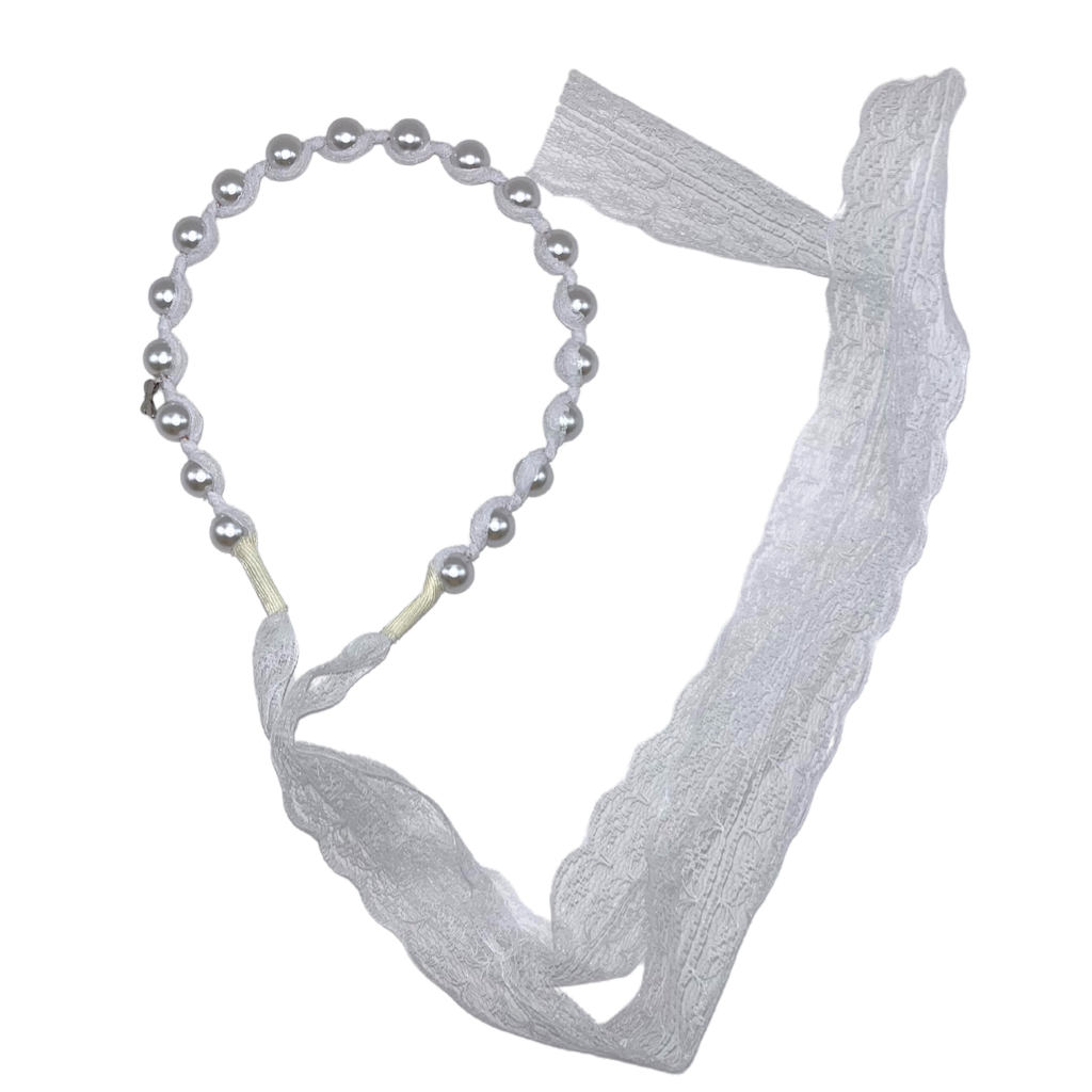 Pearl Headband with Lace Sash - White