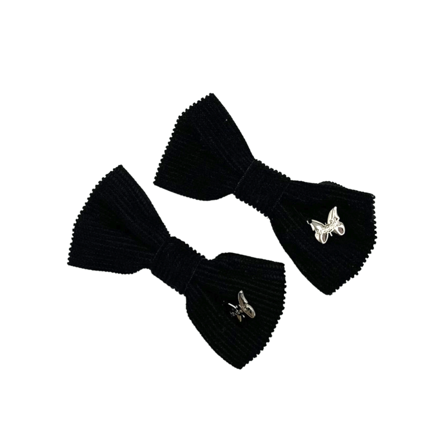Corduroy Mini Bow Clip Set- Black