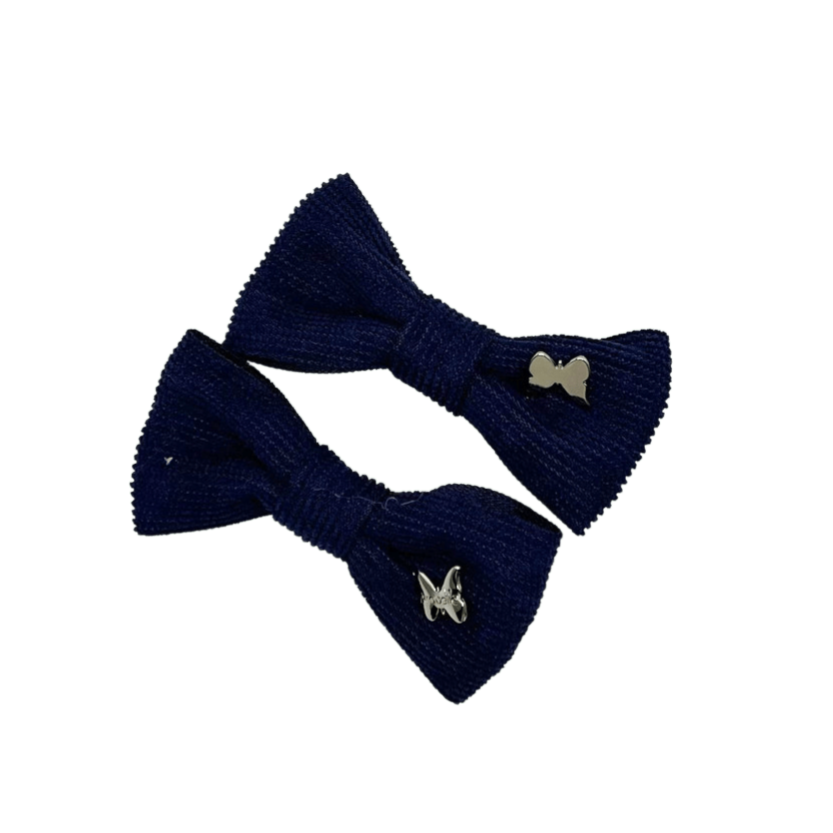Corduroy Mini Bow Clip Set- Navy