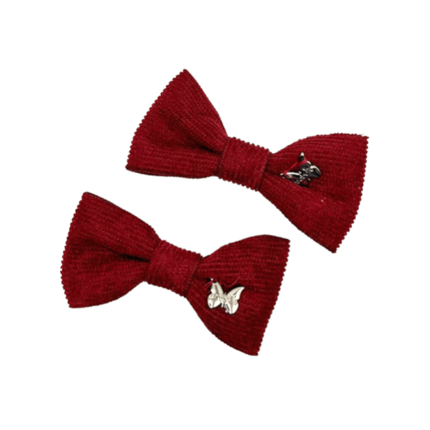 Corduroy Mini Bow Clip Set- Wine