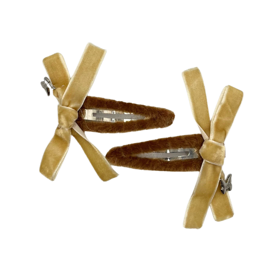 Velvet Bow Snap Clip Set - Cream/Caramel