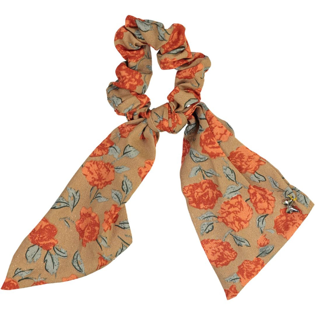 Winter Floral Scrunchie With Short Tails - Light Brown
