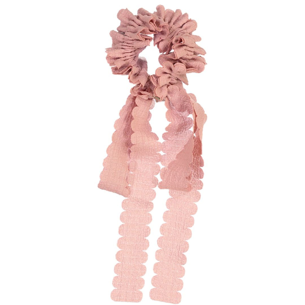 Gauze Scalloped Scrunchie with Skinny Bow - Mauve