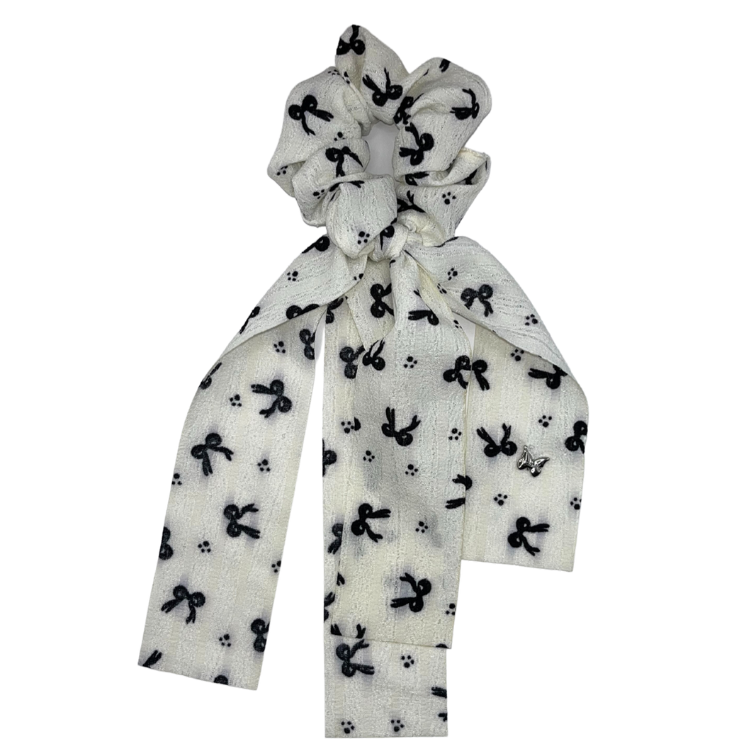 Bow Print Scrunchie with Tails - Ivory/Black