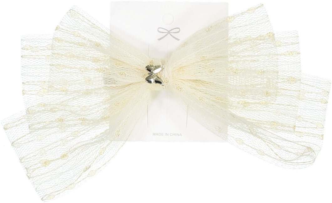 Metallic Tulle Large Bow Clip- Cream