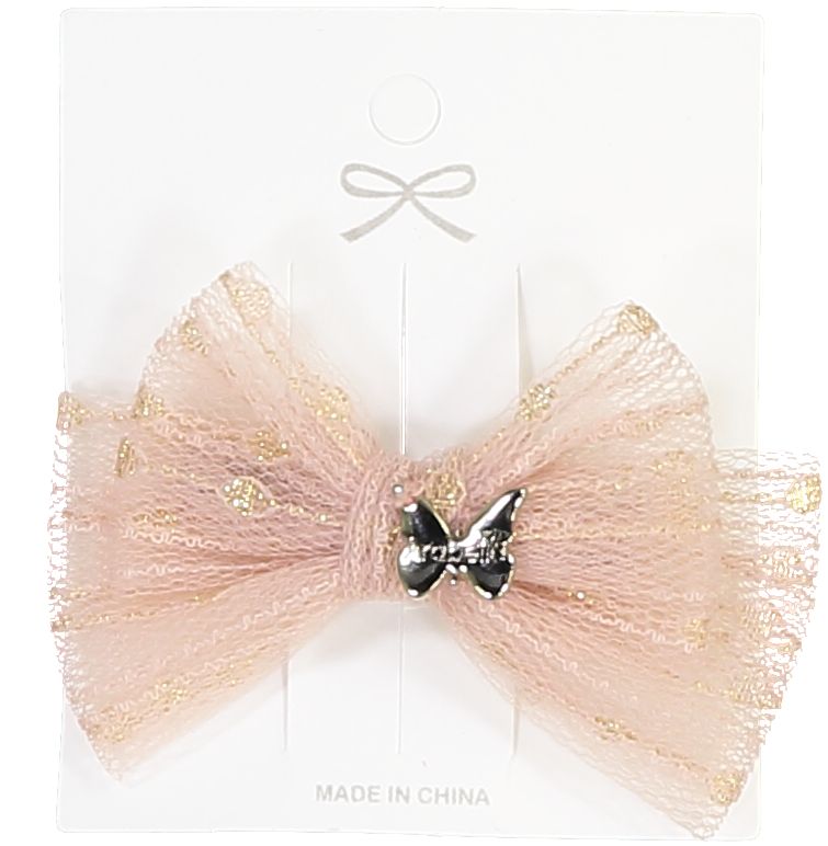 Metallic Tulle Small Bow Clip- Pink