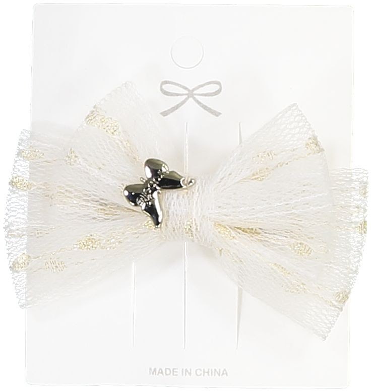 Metallic Tulle Small Bow Clip- White